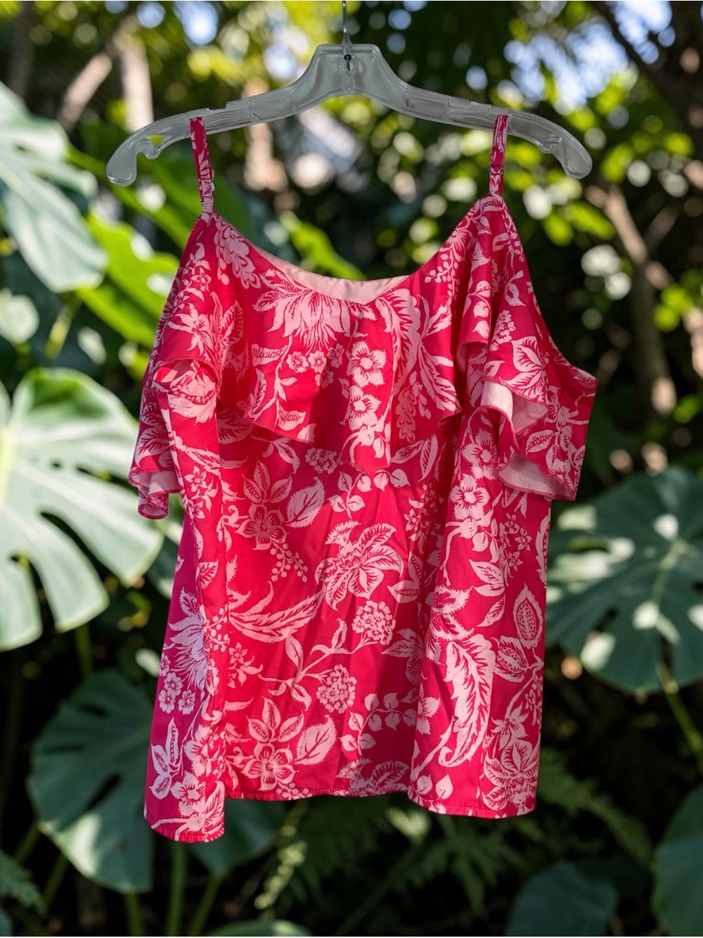 SHEIN Hot Pink Floral Ruffle Cold-Shoulder Cami